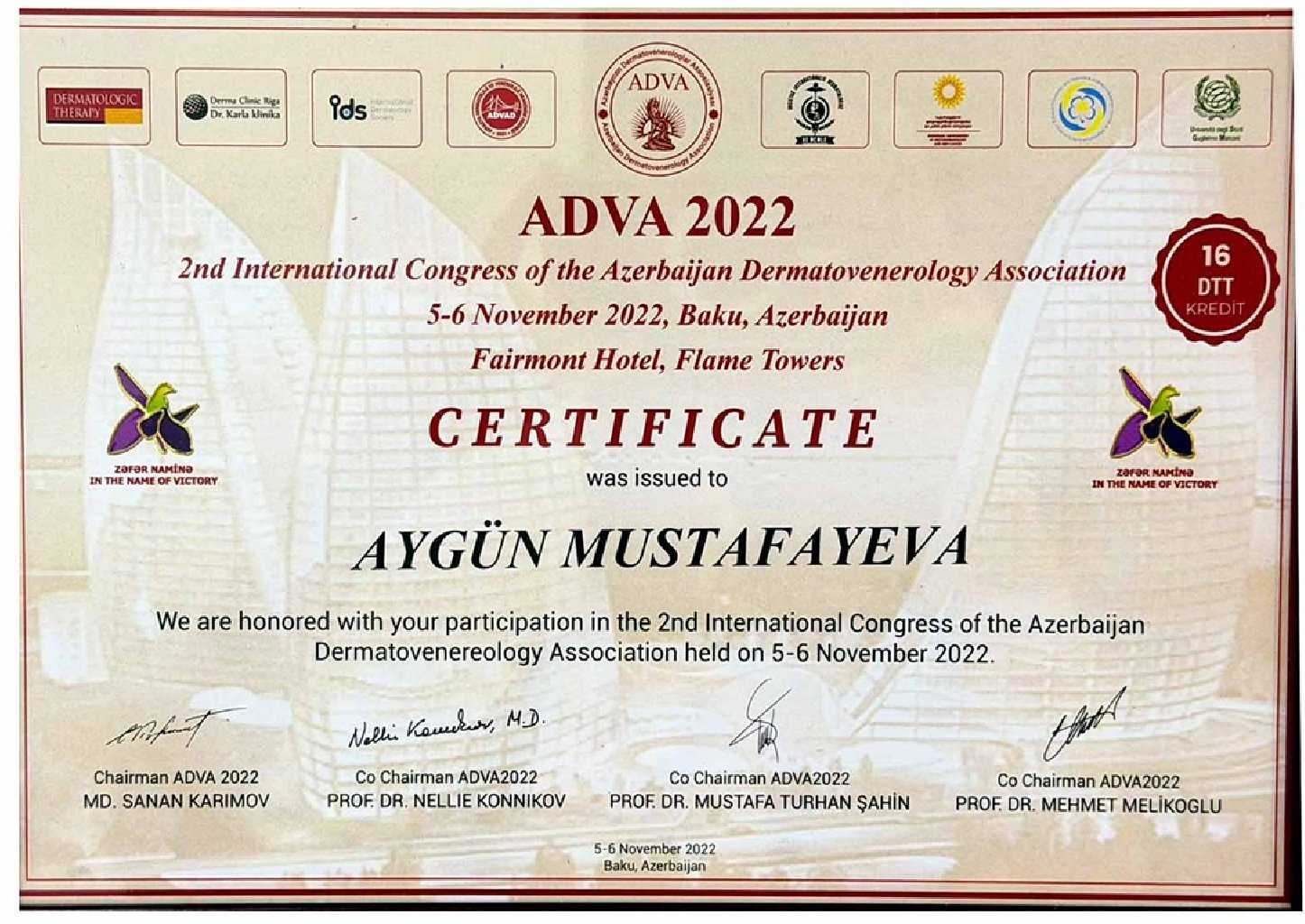 Aygün Mustafayevanın sertifikatı: ADVA 2022