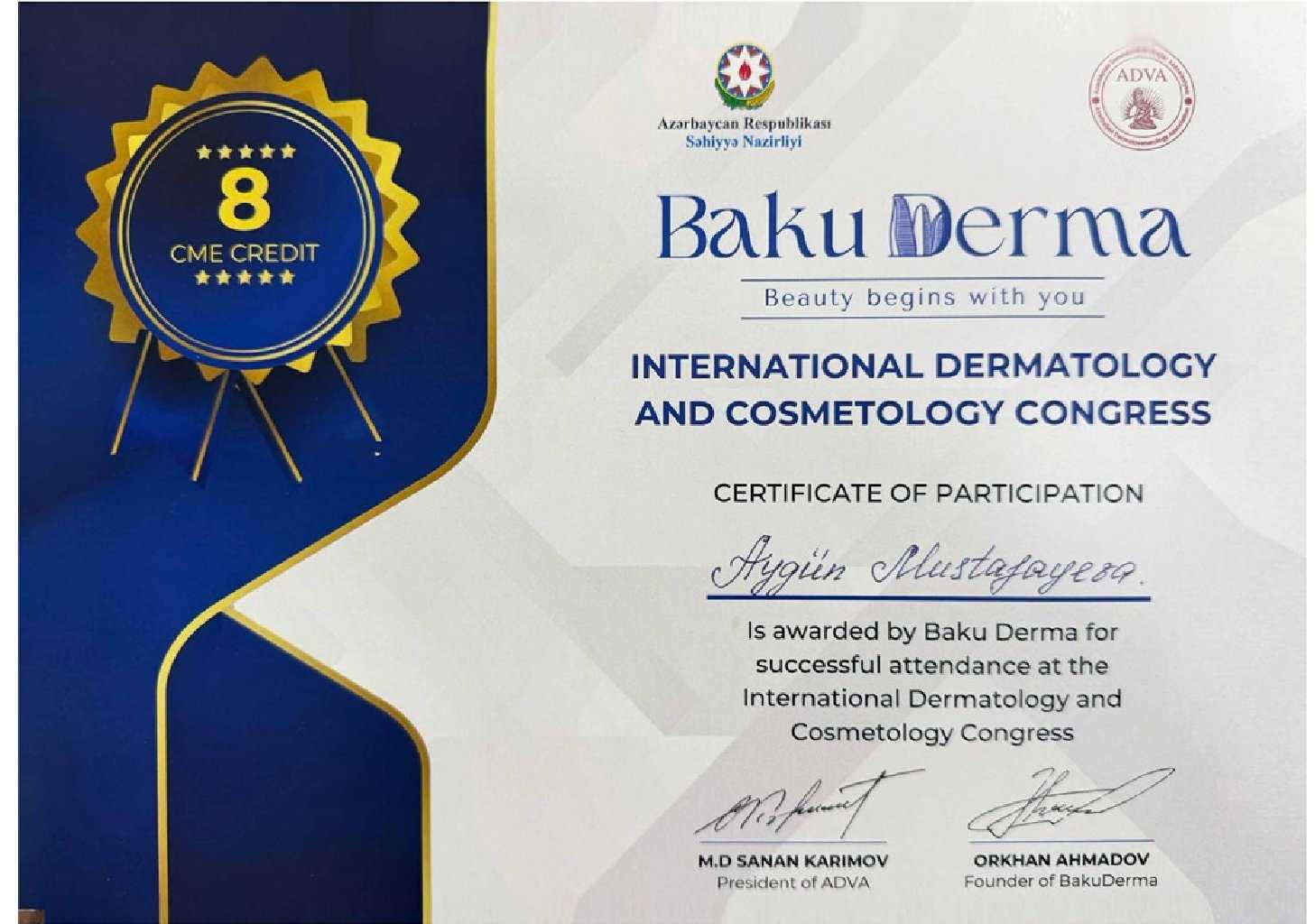 Aygün Mustafayevanın sertifikatı: Baku Derma