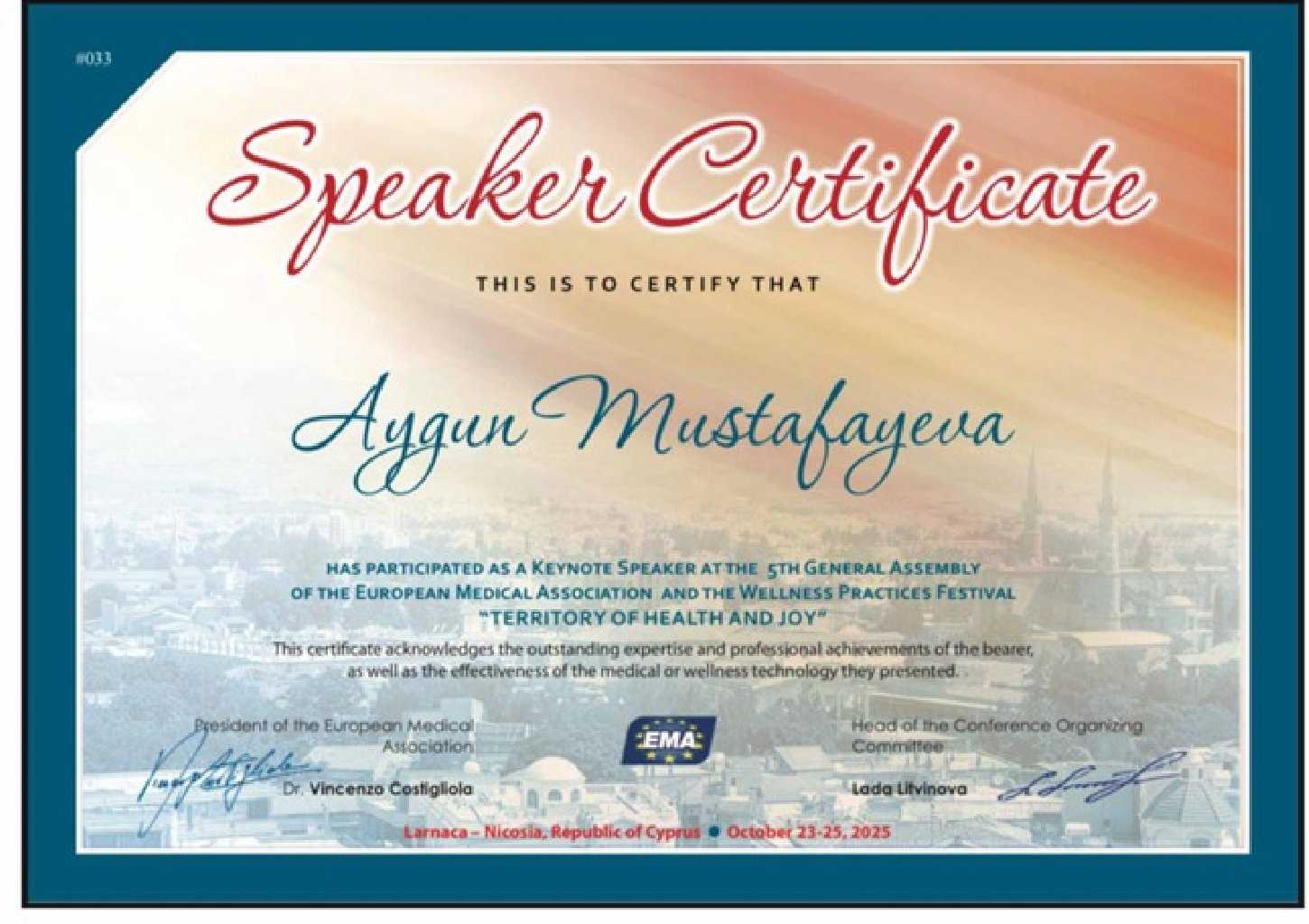 Aygün Mustafayevanın sertifikatı: Avropa Tibb Assosiasiyasının 5-ci Baş Assambleyası